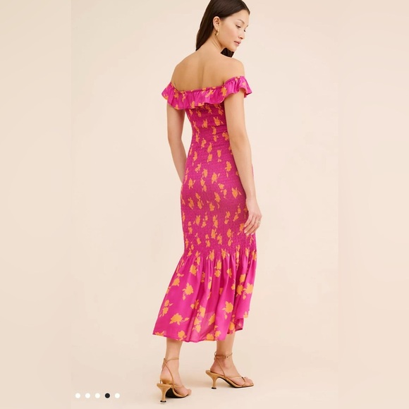 Anthropologie Smocked Off-The-Shoulder Midi Dress Sz M Pink Orange - Picture 8 of 9